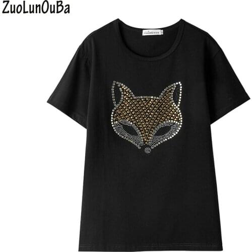ZuoLunOuBa Women Clothing T Shirt Fox Head Gold Diamond Short Sleeve Round Neck Black Plus Size Tees Tops