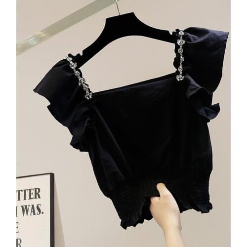 Womens Blouses Beaded Diamond Ruffled Stitching Flying Sleeves Chiffon Shirt Temperament Waist-Controlled Top Fashion Blusas