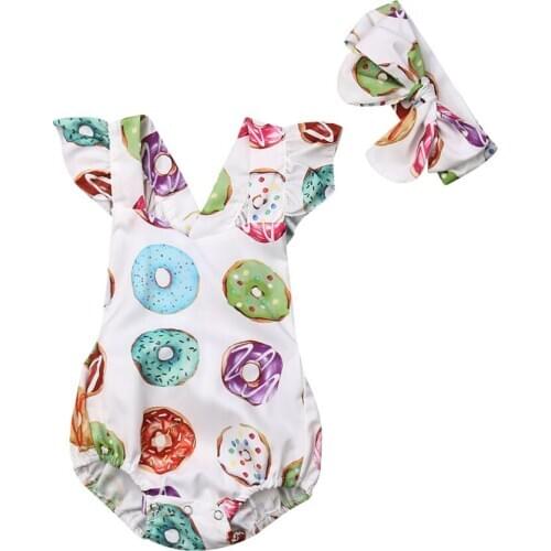 Baby Clothes Newborn Infant Baby Girls Sleeveless Donut Print Bodysuit Outfits Clothes+ Headband 2pcs