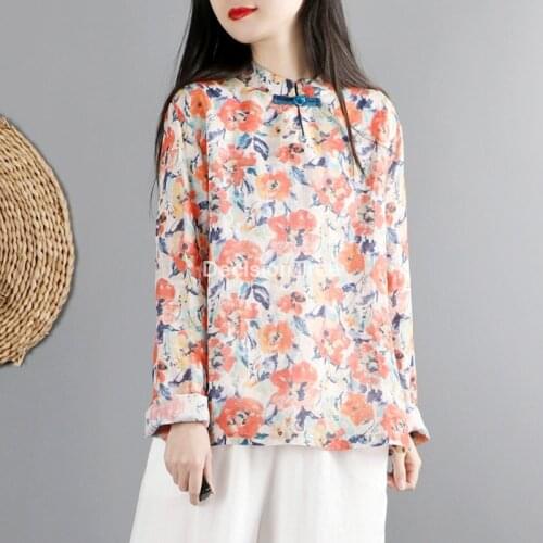 2021 traditional chinese women tang suit tops retro printing daily cheongsam qipao cotton linene chiffon blouse floral shirt