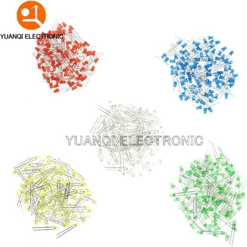 5 x 100pcs/Color=500pcs 3mm LED Diode F3 Assorted Kit White Green Red Blue Yellow DIY Light Emitting Diode