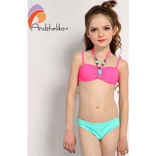 Andzhelika 2021 Summer Childrens Swimwear Decoration Neck Girls Bikinis Set Push up Swimming Suit Kid Bathing Suit 317003