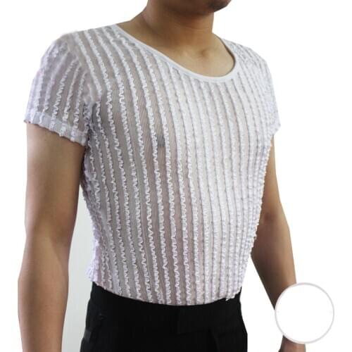 White Professional MenS Latin Dance Tops Short Sleeves Adult Ballroom Dance Stripes Clothing Sexy Practice Dance Wear ZH3124