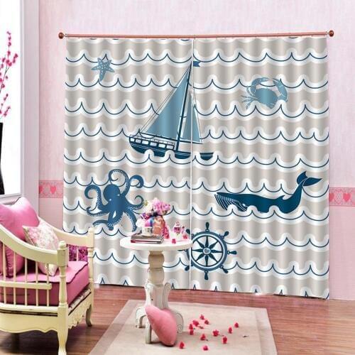 Photo Custom Cartoon Seabed ripple Curtain With Shark Octopus Starfish Childrens room Blackout Drapes Sets (Left and Right Side