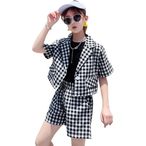 Kids Clothes Girls Plaid Jacket + Tshirt + Short Childrens Clothes For Girls Summer Kids Girls Clothes Casual Childrens Tracks