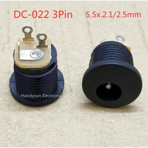 DC-022 DC Power Socket 5.5x2.1/2.5mm Iron Copper Socket Connector thread round Hole Vertical 3Pin with Nut and Waterproof Cap