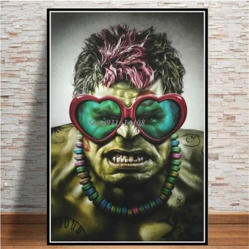 Canvas Painting Marvel Fashion Hair Hulk with Glasses Funny Avengers Poster and Print Spiderman Wall Art Picture for Living Room