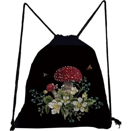 Pretty Black Backpack Mushroom Floral Printed Drawstring Bags High Capacity Storage Bag Eco Friendly Shoe Bag to School Book Bag