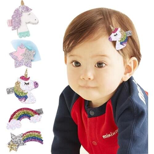 Fashion 1PCS Baby Girls Unicorn Hair Clip Kids Shiney Glitter Star Rainbow Hairpins Christmas Gifts Headwear Hair Accessories