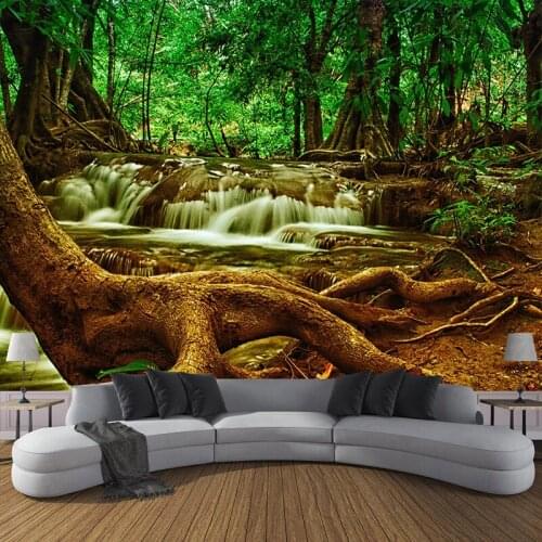 Custom 3D Mural Wallpaper Waterproof Canvas Painting Green Tree Forest Waterfall Photo Background Living Room Bedroom Decoration