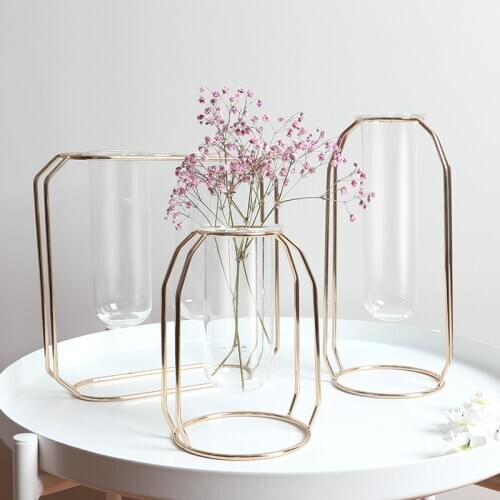 Nordic Transparent Tube Glass Metal Flower Rack Rose Gold Art Vase Home Hydroponic Plant Flowerpot Flower Arrangement Decor