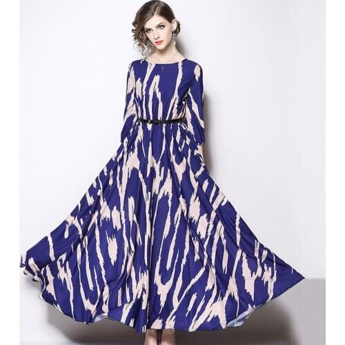 New Women Long Dress Summer 2021 Elegant Fashion O-Neck Elastic Waist Printing Blue Loose A-Line Flowy Dress