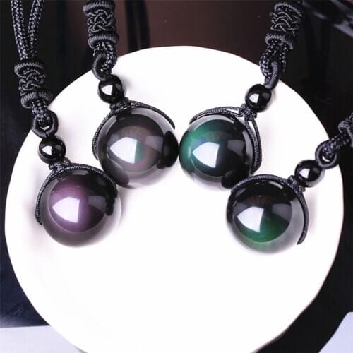 Natural Stone Necklaces & Pendants Women and Men Black Obsidian Rainbow Eye Beads Ball Transfer Good Lucky Love Energy Gift A053
