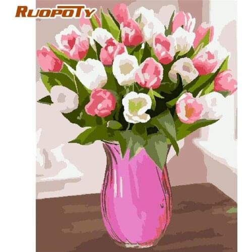 RUOPOTY 40x50cm Framed Painting By Numbers For Adults Color Flower Pink Vase Oil Picture HandPainted Home Artwork Acrylic Paints