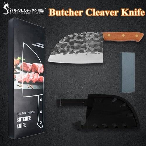 Sowoll 4PCS Set 7'' INCH Forged Stainless Steel Cleaver Slaughter Knife Sharpener Stone Wood Handle Leather Cover Plastic Sheath