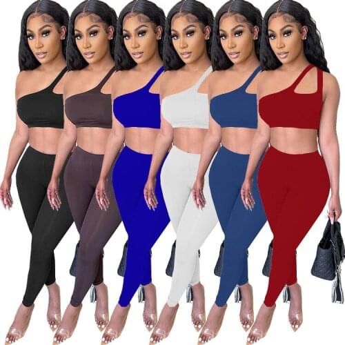 Streetwear Solid Tracksuit Women Casual Hollow Out One Shoulder Crop Top + Leggings Bodycon Sexy Club Two Piece Set Women Outfit
