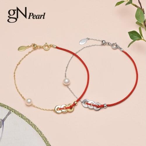 GN Pearl Bracelets 925 Silver Red Rope Chain gNPearl Genuien Natural Freshwater 5-6mm Pearl Bracelet Fine Jewerly For Women Gift