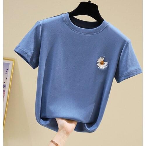 2021 Summer Women T-Shirts Flower Embroidered Cotton Tee Top O-Neck Shirt Casual Short Sleeve Ladies Clothing Basic Fashion Tops