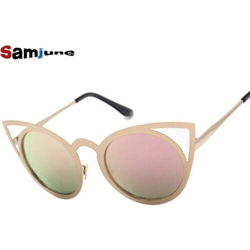 Samjune Women sunglasses Vintage cat eye Sun glasses Metal Eyeglasses Frames Mirror shades Sexy Sunnies oculos de sol UV400