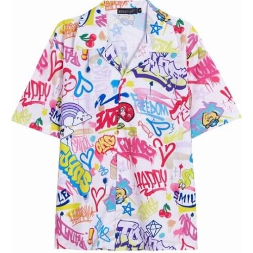 Harajuku Multicolor Graffiti Shirt Summer Short Sleeve Tops Patch Pocket Unisex Streetwear