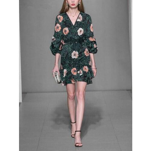 Runway Designer Luxury 2020 High Quality Womens Mini Floral Print Puff Sleeve Elegant Ruffle Ladies Dress Party Vestidos