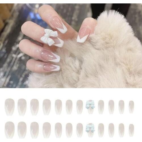24Pcs/Set Bow Shaped Fake Nail Sticker Detachable White Artificial Bowknot Nail Extension Tip Manicure Salon Tools