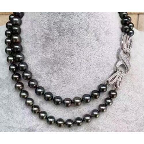 Free shipping >>>>noble jewelry double strands 9-10mm Freshwater black green pearl necklace 17.5-18.5inch