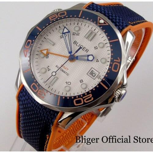 BLIGER White 41mm Mechanical Men Watch Screw Crown Sapphire Glass GMT Hand Rubber Strap Rotaitng Bezel Ceramic Insert