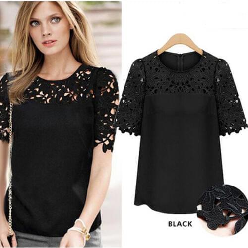 Blusas 2016 Summer Women Blouse Clothing White Lace Ladies Tops Round Neck Short Sleeve Chiffon Female Shirt Big Size S-5XL