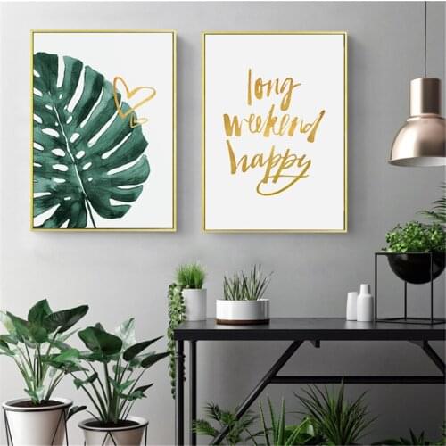 Gold Pineapple Canvas Painting Green Leaves Tropical Plants Inspirational Letter Art Print and Poster Wall Decoration Home Decor