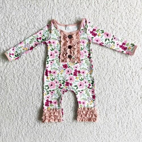 Wholesale/retail flower baby girls jumpuits button kids ruffle romper high quality infant toddler clothing for children gxj