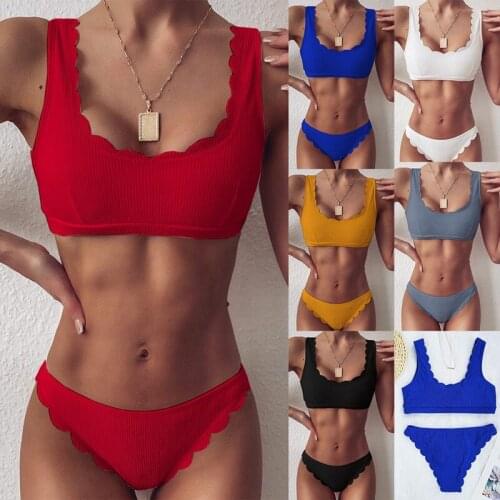 Womens Fashion Sexy Bikini Tank Top 2 Piece Cut Flower Split Swimsuit Set