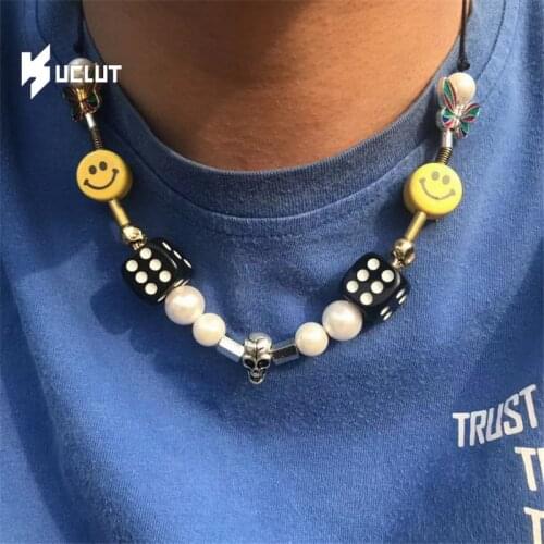 Luokey Hiphop Punk Pearl Smile Skull Beaded Necklaces For Women And Men Fashion Street Style Choker Necklace Charm Jewelry Gifts