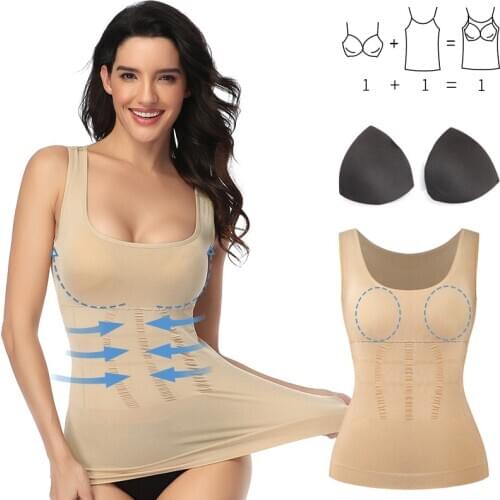 Womens Shapewear Tank Top Seamless Slimming Underwear Tummy Control Camisole with Removable Pads Body Shaping Compression Vest