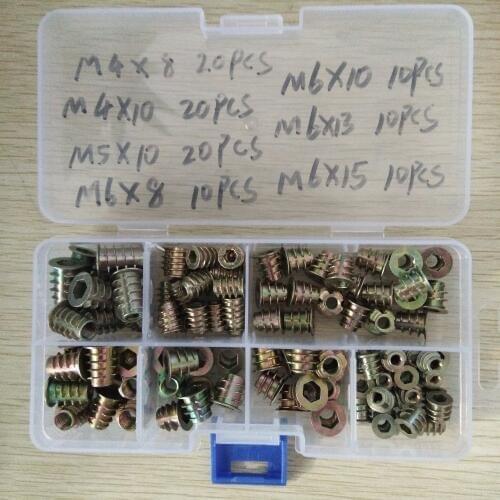 100Pcs/set M4//M5/M6*8/10/13/15Zinc Alloy Thread For Wood Insert Nut Flanged Hex Drive Head Furniture Nuts Assortment Kit