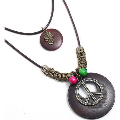 Fashion Vintage Women Long Necklace Chain Peace Hamsa Hand Wood Pendants Leather Rope Choker Ethnic Retro Sweater Jewelry Gift