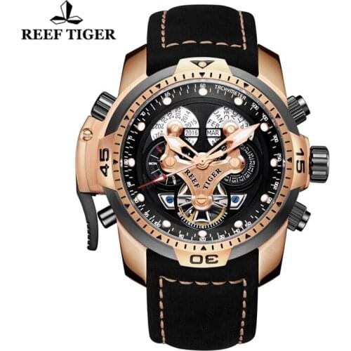 Reef Tiger/RT Mens Sport Mechanical Watches With Complicated Dial Rose Gold Automatic Military Watch Genuine Leather Band Clock