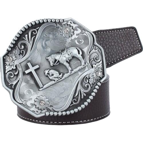 Mens Western PU Leather Belt Cowboy Waistband Knight Cross Buckles