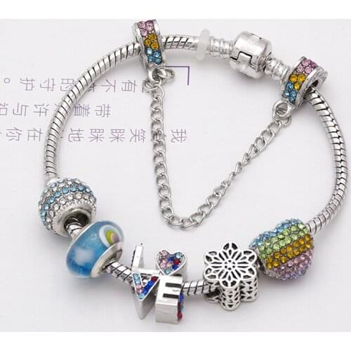 New style DIY Rainbow Glass Ball LOVE Letter Pendant Series Womens Snake Bone Bracelet