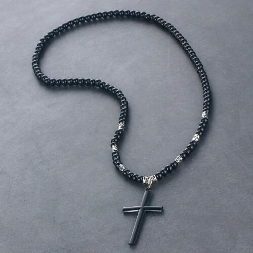 Retro Cross Pendant Necklace Stone Beads Chain for Women Mens Gift Genuine Leather Adjustable Collar Cord Necklace Jewelry CN05