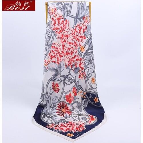 Silk Satin Scarf Square Women neckline Flowers leaf print big Shawl Fashion Bohemia Spring Muslim hijab Scarves Elegant blue