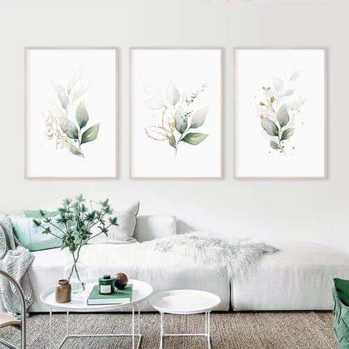 Modern Minimalist Art Poster Green and Gold Green Botanical Floral Canvas Paintings Print Wall Pictures for Living Room Decor