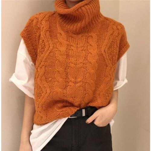 Turtleneck Sleeveless Sweater Vest Women Autumn Winter Fashion Twist Pattern Short Pullover Waistcoat Casual Loose Knitwear Tops