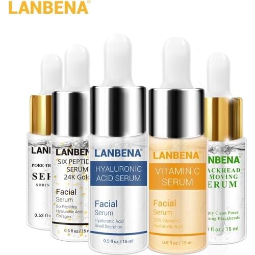LANBENA Hyaluronic Acid Serum+ Vitamin C Serum+ 24K Gold Serum+Blueberry Serum+Pore Treatment Serum+Blackhead Remove Serum 5PCS