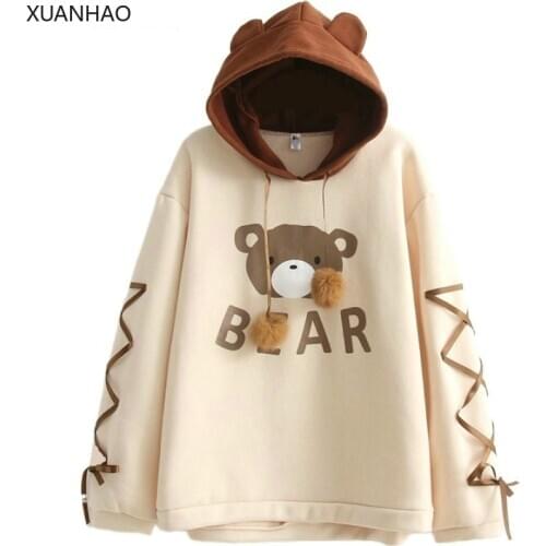 XUANHAO Bear Hooded Sweatshirt Cartoon Mori Girls Harajuku Cute Lace Up Hoodies Women Winter Long Sleeve Thick Warm Pullovers