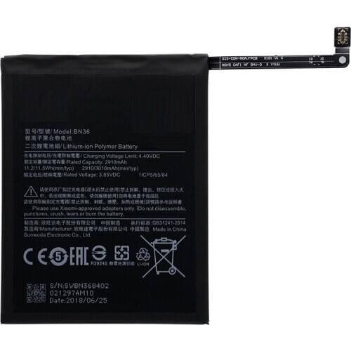 For Xiaomi Mi 6X BN36 Battery Replacement Large Capacity 2910mAh Back Up Bateria For Xiaomi Mi 6X BN36 Smart Phone