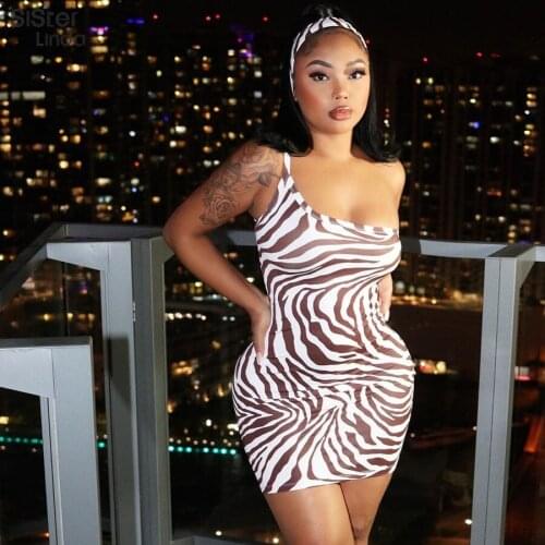 Zebra Print One Shoulder Sexy Backless Summer Slim Dress Women Sleeveless Hollow Party Clothing Lady Fashion Mini Dress 2021 New