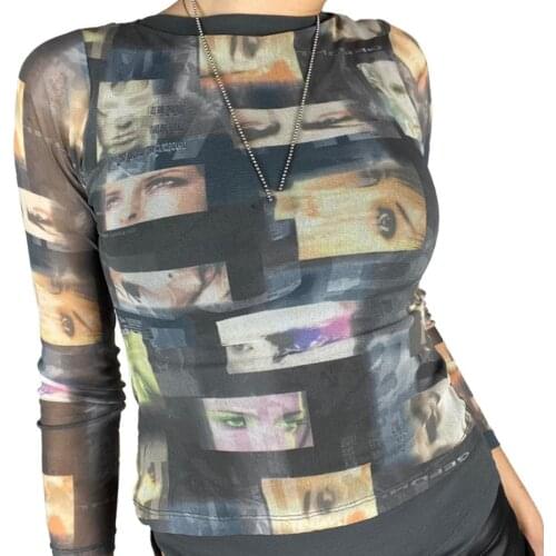 New Fall Spring Women Sheer Mesh T-Shirts Tops Stylish Long Sleeve Portrait Print Crew Neck Slim Fit T-Shirts