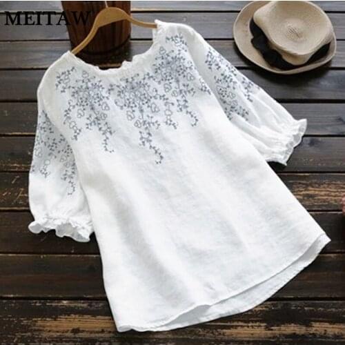 2021 Summer White Tunic Linen Shirt Women Vintage Clothes Cotton High quality Embroidery Blouse Plus Size Ladies Casual Tops