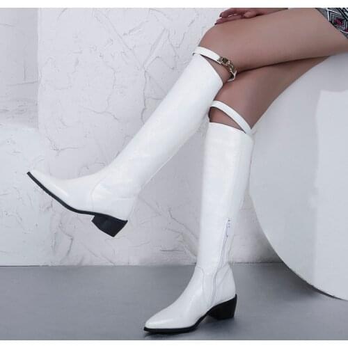 Ladies Spring Autumn Belt Buckle Knee High Boots Comfortable Square High Heel Women Shoes Winter Warm Plush Lining Zipper Boots